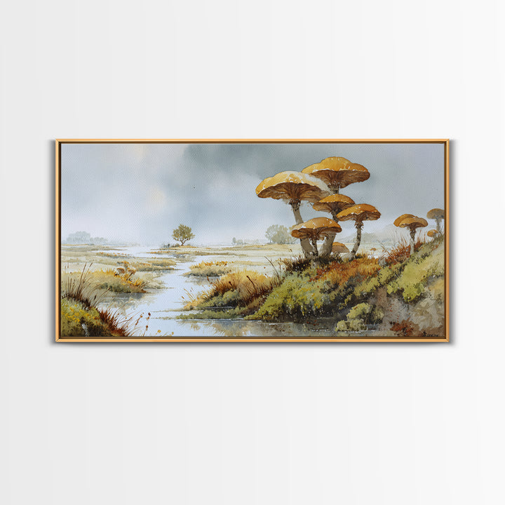 Mushroom Cluster in Enchanted Woodland Framed Canvas Print, Nature Art, Wood Wall Art, Living Room Decor, Watercolor Art, NAT-2x1-51