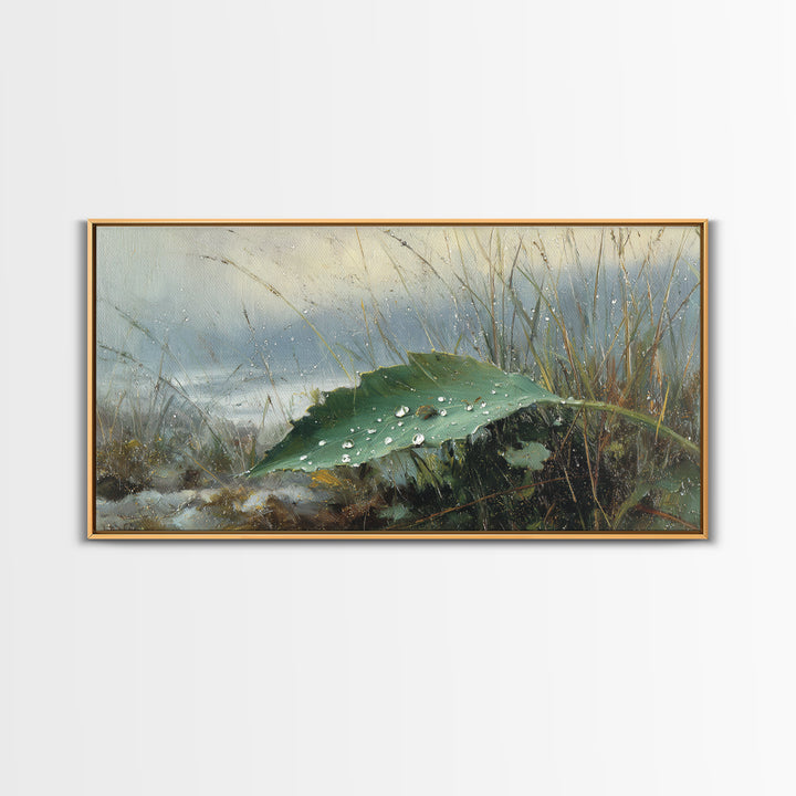 Rain Drops on a Large Green Leaf Canvas Print, Nature Art, Wall Hangings, Living Room Decor, Watercolor Art, Nature, NAT-2x1-53