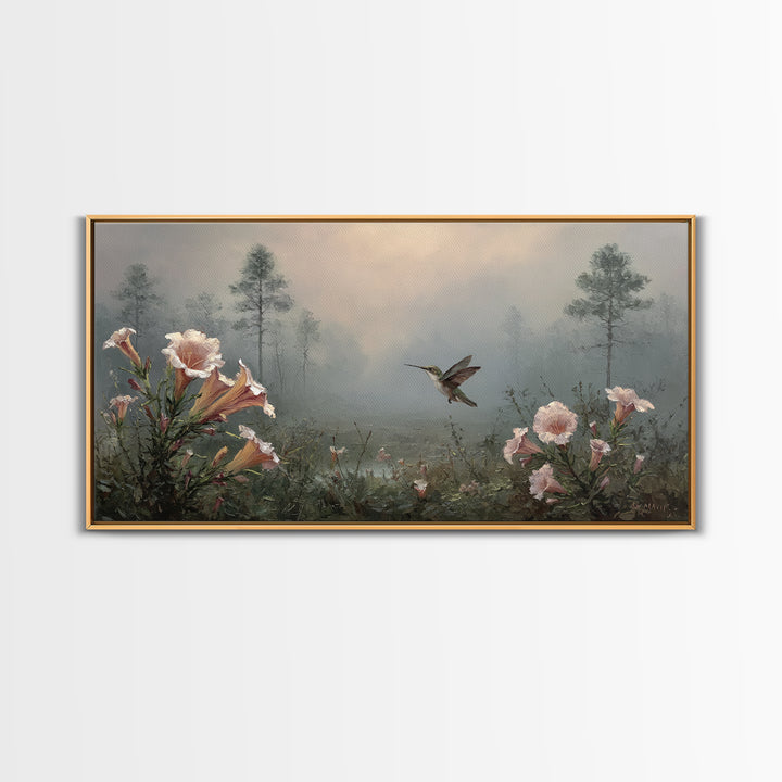 Hummingbird Beside Bright Trumpet Flowers Framed Canvas Print, Nature Art, Painting, Living Room Decor, Fine Art, Nature, NAT-2x1-56