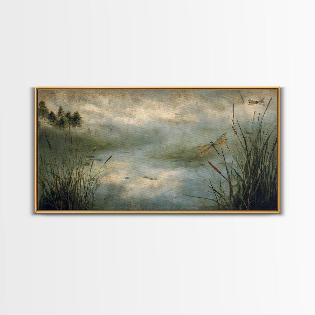Dragonfly over a Pond with Reeds Canvas Print, Nature Art, Room Decor, Living Room Decor, Oil Painting, Nature, Wall Hangings, NAT-2x1-62
