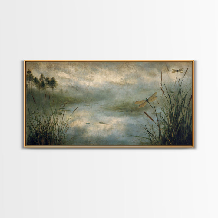 Dragonfly over a Pond with Reeds Canvas Print, Nature Art, Room Decor, Living Room Decor, Oil Painting, Nature, Wall Hangings, NAT-2x1-62