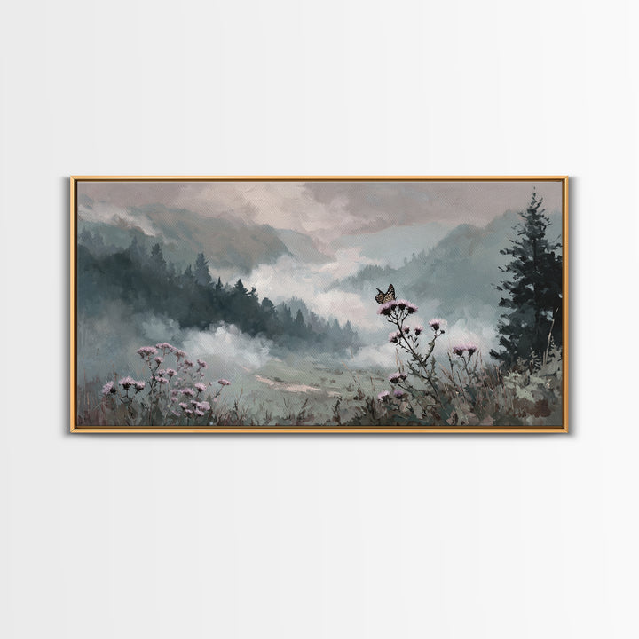 Butterfly Resting on a Blooming Thistle Framed Canvas Print, Nature Art, Original Painting, Living Room Decor, Fine Art, Nature, NAT-2x1-72
