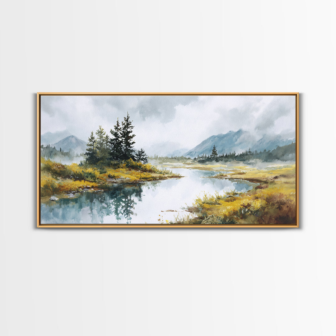 Misty Mountain Lake Canvas Print, Nature Art, Printable Wall Art, Living Room Decor, Fine Art, Nature, Living Room Wall Art, NAT-2x1-73