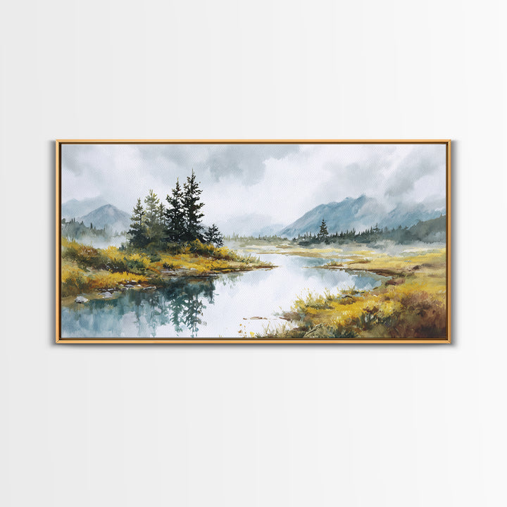 Misty Mountain Lake Canvas Print, Nature Art, Printable Wall Art, Living Room Decor, Fine Art, Nature, Living Room Wall Art, NAT-2x1-73