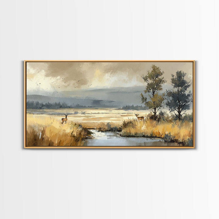 Deer Standing in a Golden Field Canvas Print, Nature Art, 3d Wall Art, Living Room Decor, Fine Art, Nature, Nature Wall Art, NAT-2x1-76