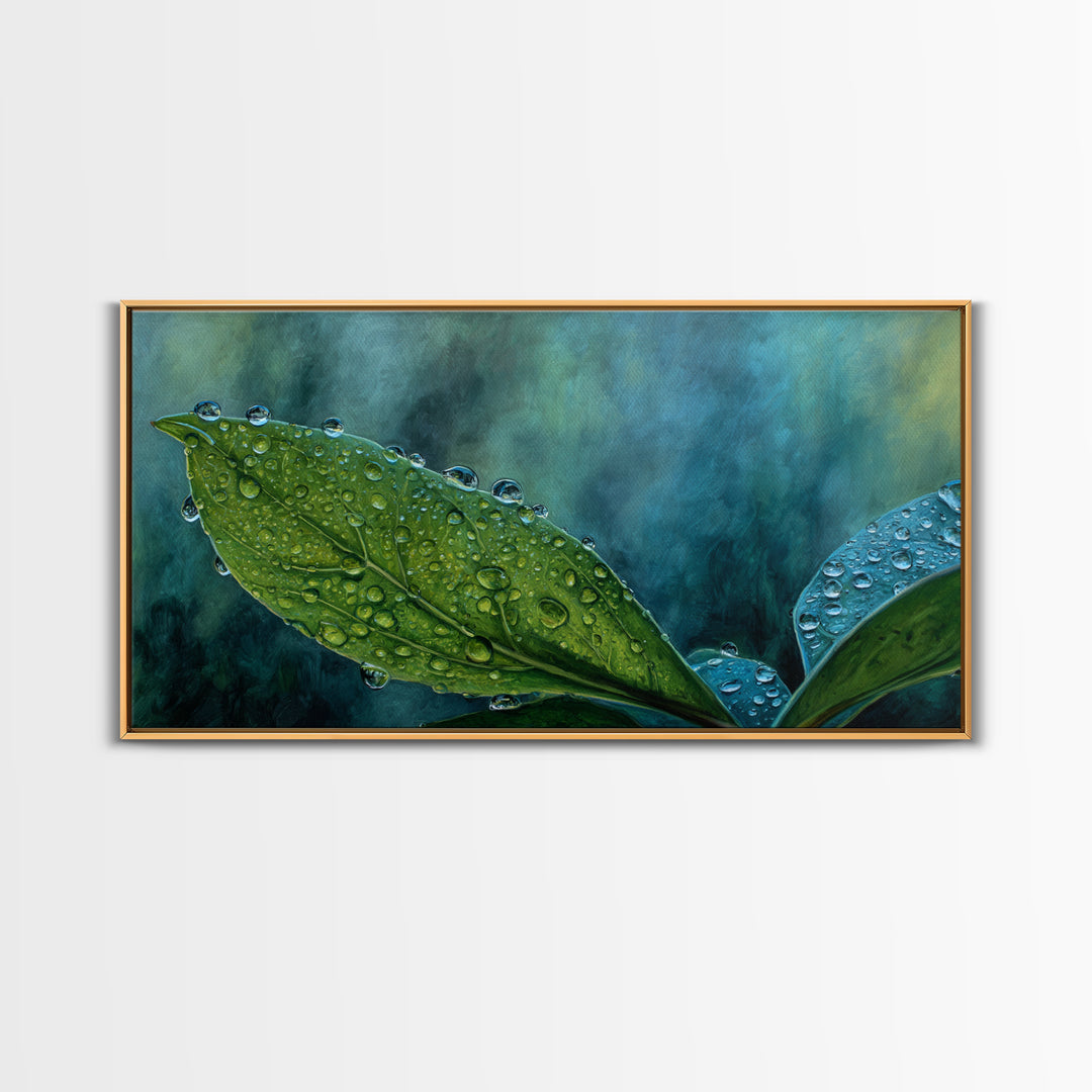 Rain Drops on a Large Green Leaf Canvas Print, Nature Art, Wall Hangings, Living Room Decor, Watercolor Art, Nature, NAT-2x1-77
