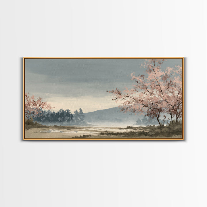 Spring Cherry Blossoms Framed Canvas Print, Nature Art, Modern Wall Art, Living Room Decor, Fine Art, Nature, Mountain Art, NAT-2x1-84