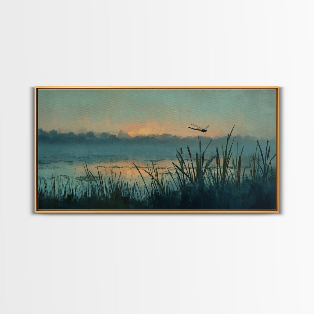 Dragonfly over a Pond with Reeds Framed Canvas Print, Nature Art, Home Decor, Living Room Decor, Nature, Abstract Wall Art, NAT-2x1-86