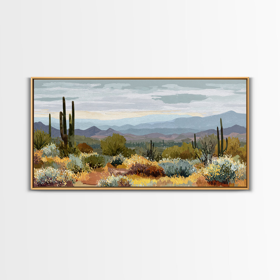 Desert Cactus Blooming After Rain Framed Canvas Print, Nature Art, Wood Wall Art, Living Room Decor, Fine Art, Nature, NAT-2x1-88