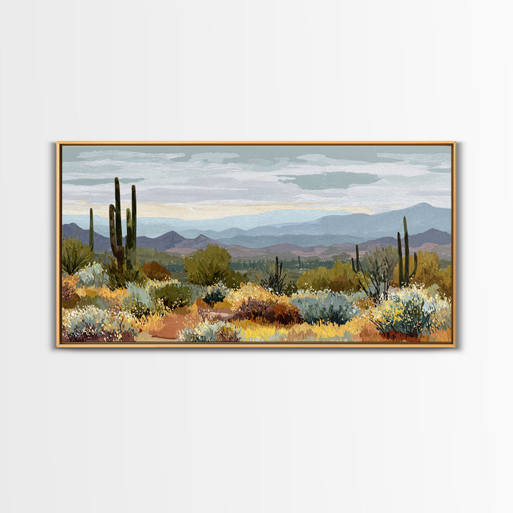 Desert Cactus Blooming After Rain Framed Canvas Print, Nature Art, Wood Wall Art, Living Room Decor, Fine Art, Nature, NAT-2x1-88