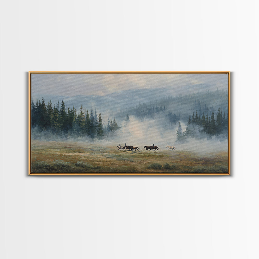 Wild Horses Running Near Mountain Ridge Framed Canvas Print, Nature Art, Poster, Living Room Decor, Fine Art, Nature, NAT-2x1-90
