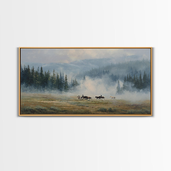 Wild Horses Running Near Mountain Ridge Framed Canvas Print, Nature Art, Poster, Living Room Decor, Fine Art, Nature, NAT-2x1-90