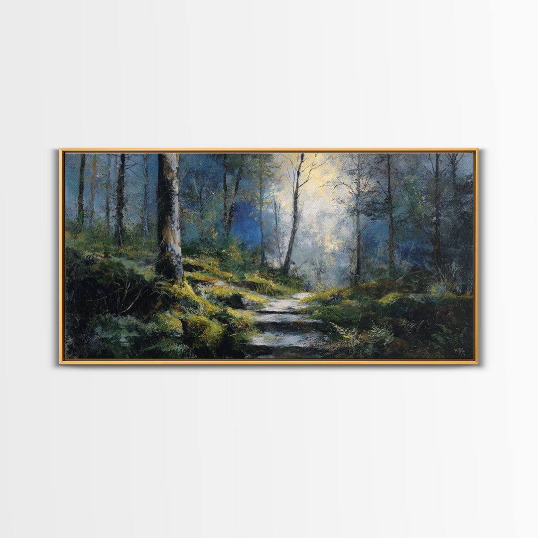 Sunlit Forest Path Canvas Print, Nature Art, Framed Art, Living Room Decor, Nature, Botanical Art, Digital Download Art, NAT-2x1-93
