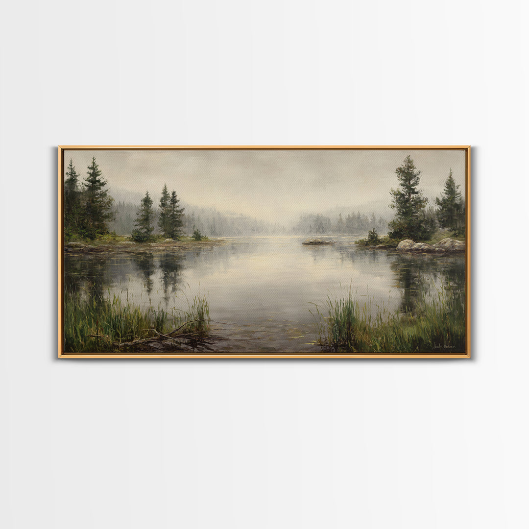 Misty Mountain Lake Framed Canvas Print, Nature Art, Wood Wall Art, Living Room Decor, Fine Art, Nature, Digital Download Art, NAT-2x1-97