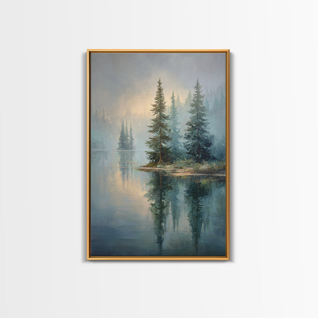 Misty Mountain Lake Framed Canvas Print, Nature Art, Art, Living Room Decor, Watercolor Art, Nature, 3d Wall Art, NAT-2x3-13