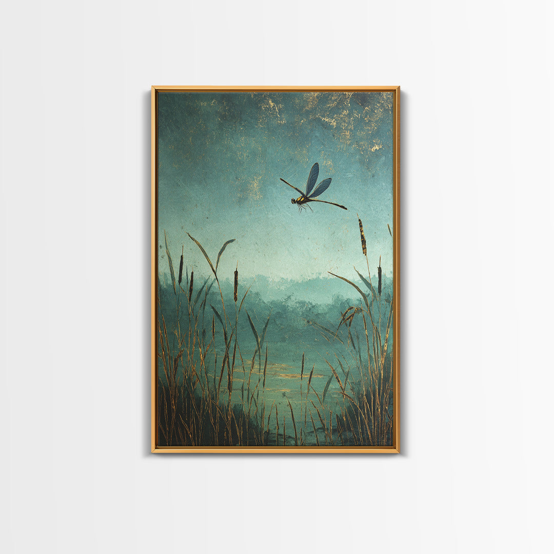 Dragonfly over a Pond with Reeds Framed Canvas Print, Nature Art, Boho Decor, Living Room Decor, Abstract Art, Nature, NAT-2x3-2