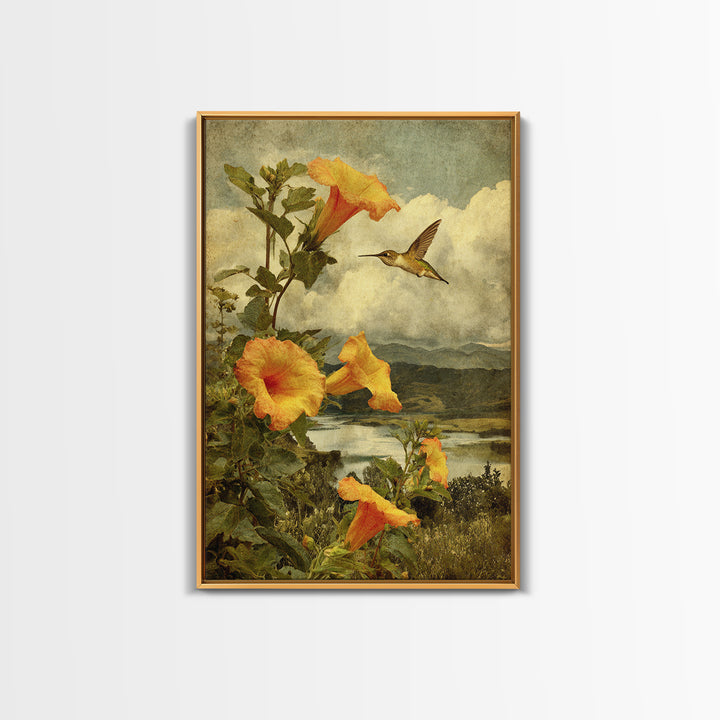 Hummingbird Beside Bright Trumpet Flowers Framed Canvas Print, Nature Art, Mushroom, Living Room Decor, Watercolor Art, Nature, NAT-2x3-20