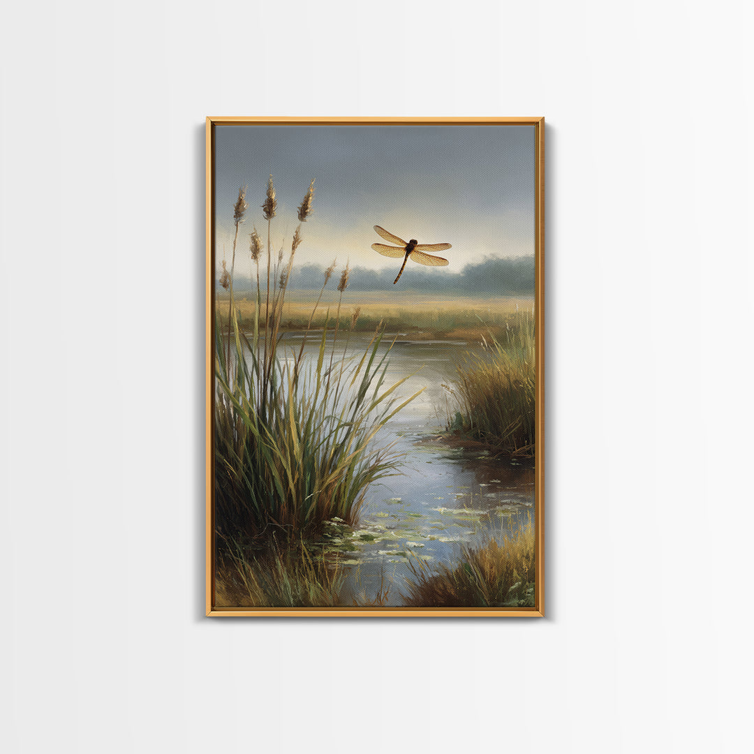 Dragonfly over a Pond with Reeds Framed Canvas Print, Nature Art, Boho Decor, Living Room Decor, Abstract Art, Nature, NAT-2x3-26