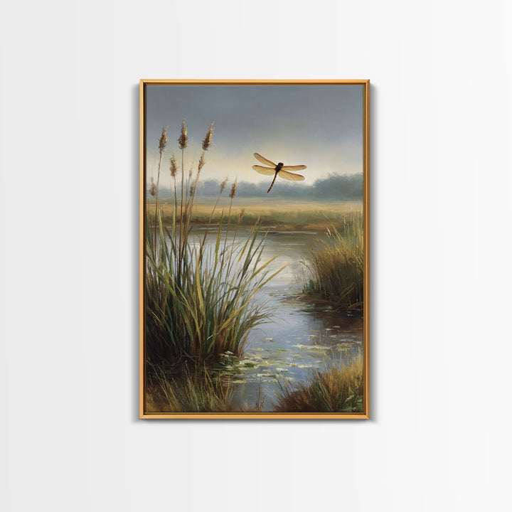 Dragonfly over a Pond with Reeds Framed Canvas Print, Nature Art, Boho Decor, Living Room Decor, Abstract Art, Nature, NAT-2x3-26