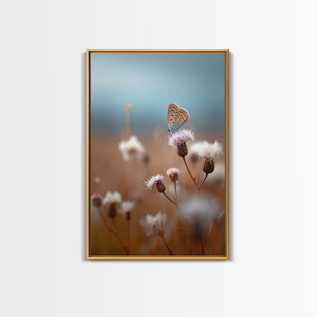 Butterfly Resting on a Blooming Thistle Framed Canvas Print, Nature Art, Mountain Wall Art, Living Room Decor, Watercolor Art, NAT-2x3-36
