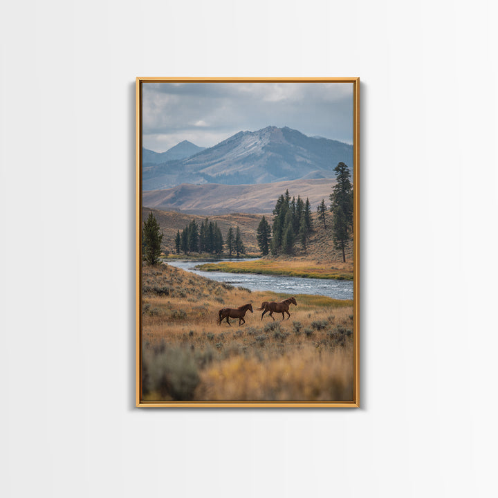 Wild Horses Running Near Mountain Ridge Canvas Print, Nature Art, Minimalist Decor, Living Room Decor, Fine Art, Nature, NAT-2x3-54