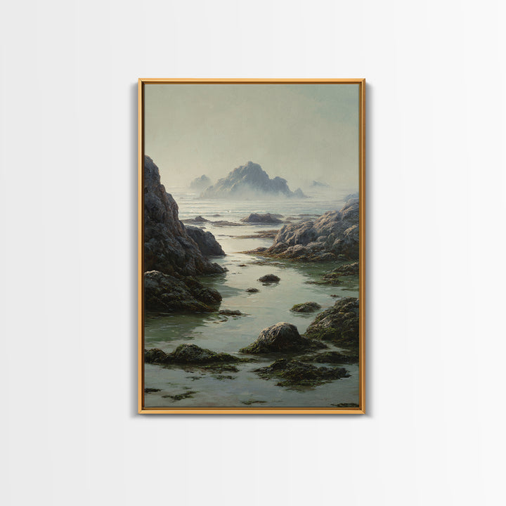 Calm Beach Tide Pooling Around Rocks Framed Canvas Print, Nature Art, Neutral Decor, Living Room Decor, Abstract Art, Nature, NAT-2x3-56