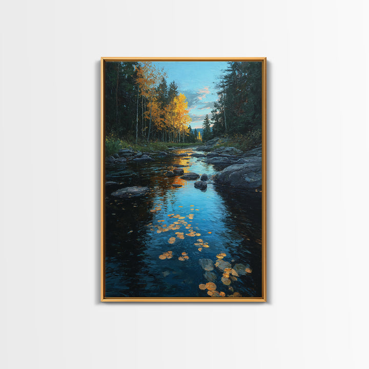 Autumn Leaves Floating on Quiet Stream Canvas Print, Nature Art, Mushroom, Living Room Decor, Abstract Art, Nature, NAT-2x3-62