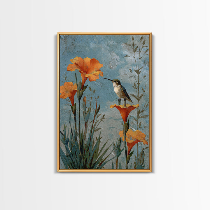 Hummingbird Beside Bright Trumpet Flowers Framed Canvas Print, Nature Art, Wall Hangings, Living Room Decor, Oil Painting, NAT-2x3-68