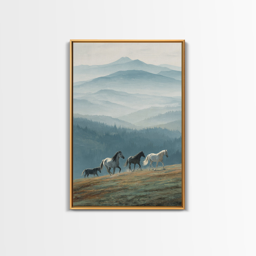 Wild Horses Running Near Mountain Ridge Framed Canvas Print, Nature Art, Wall Decor, Living Room Decor, Fine Art, Nature, NAT-2x3-78