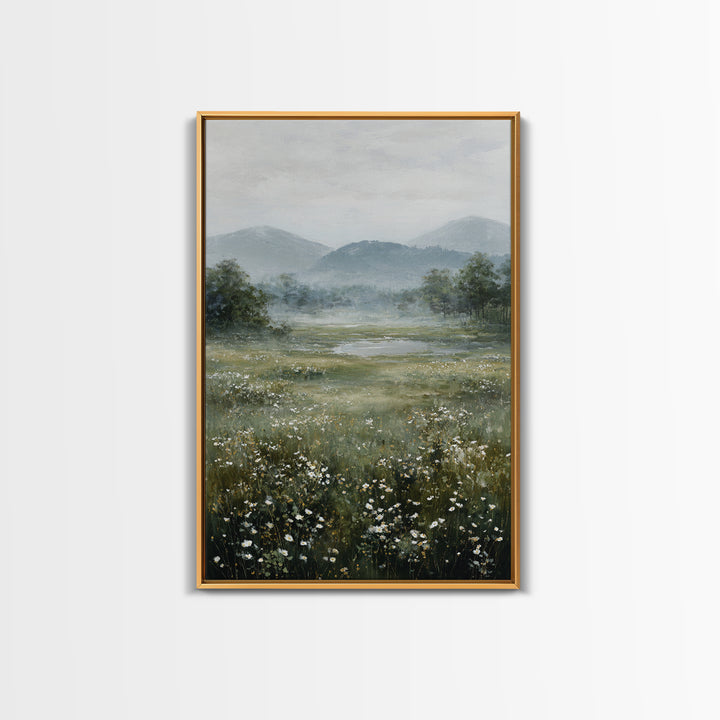 Wildflower Meadow under Soft Summer Sky Canvas Print, Nature Art, Painting, Living Room Decor, Nature, Modern Wall Art, NAT-2x3-82
