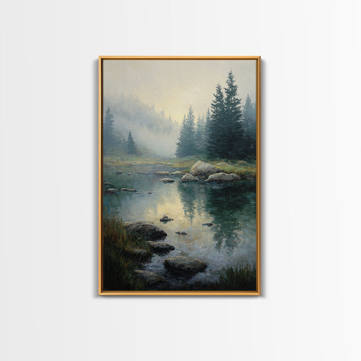 Misty Mountain Lake Framed Canvas Print, Nature Art, Abstract Wall Art, Living Room Decor, Oil Painting, Nature, Bird Wall Art, NAT-2x3-85