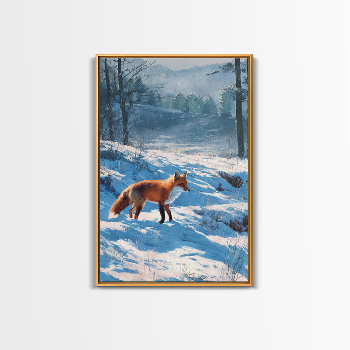 Fox Crossing a Snowy Forest Clearing Framed Canvas Print, Nature Art, Living Room Decor, Oil Painting, Nature, NAT-2x3-90