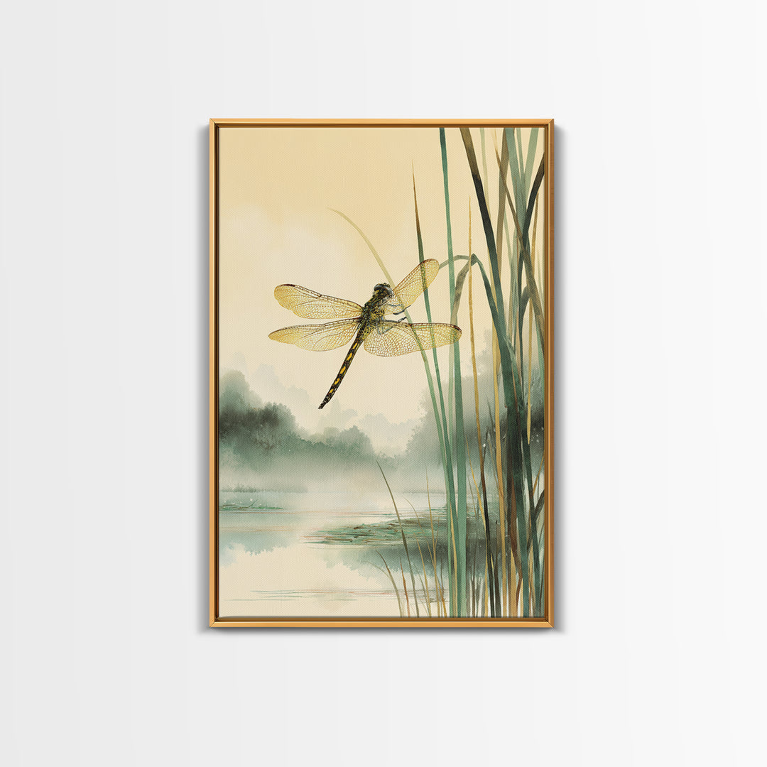Dragonfly over a Pond with Reeds Framed Canvas Print, Nature Art, Art, Living Room Decor, Watercolor Art, Nature, 3d Wall Art, NAT-2x3-98