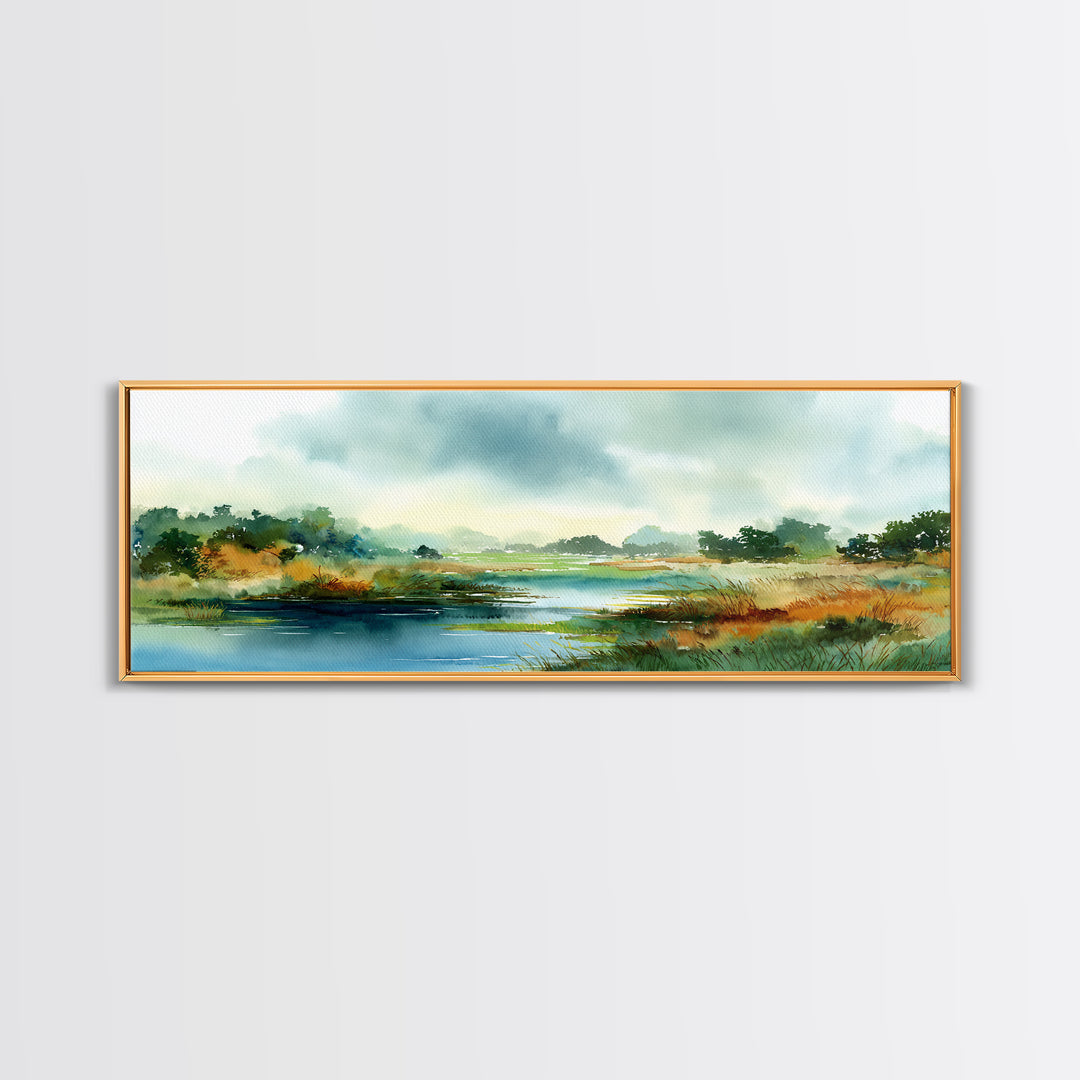 Dragonfly over a Pond with Reeds Framed Canvas Print, Nature Art, Home Decor, Living Room Decor, Nature, Abstract Wall Art, NAT-3x1-10