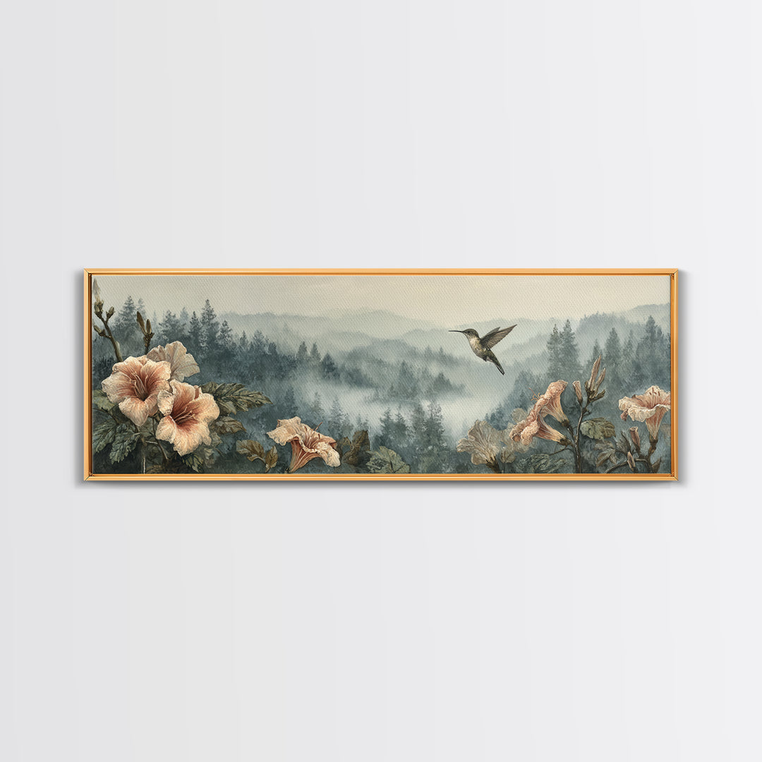 Hummingbird Beside Bright Trumpet Flowers Canvas Print, Nature Art, Modern Decor, Living Room Decor, Fine Art, Nature, NAT-3x1-100