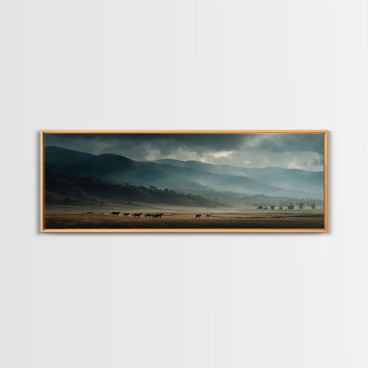 Wild Horses Running Near Mountain Ridge Canvas Print, Nature Art, Landscape Print, Living Room Decor, Fine Art, Nature, NAT-3x1-14