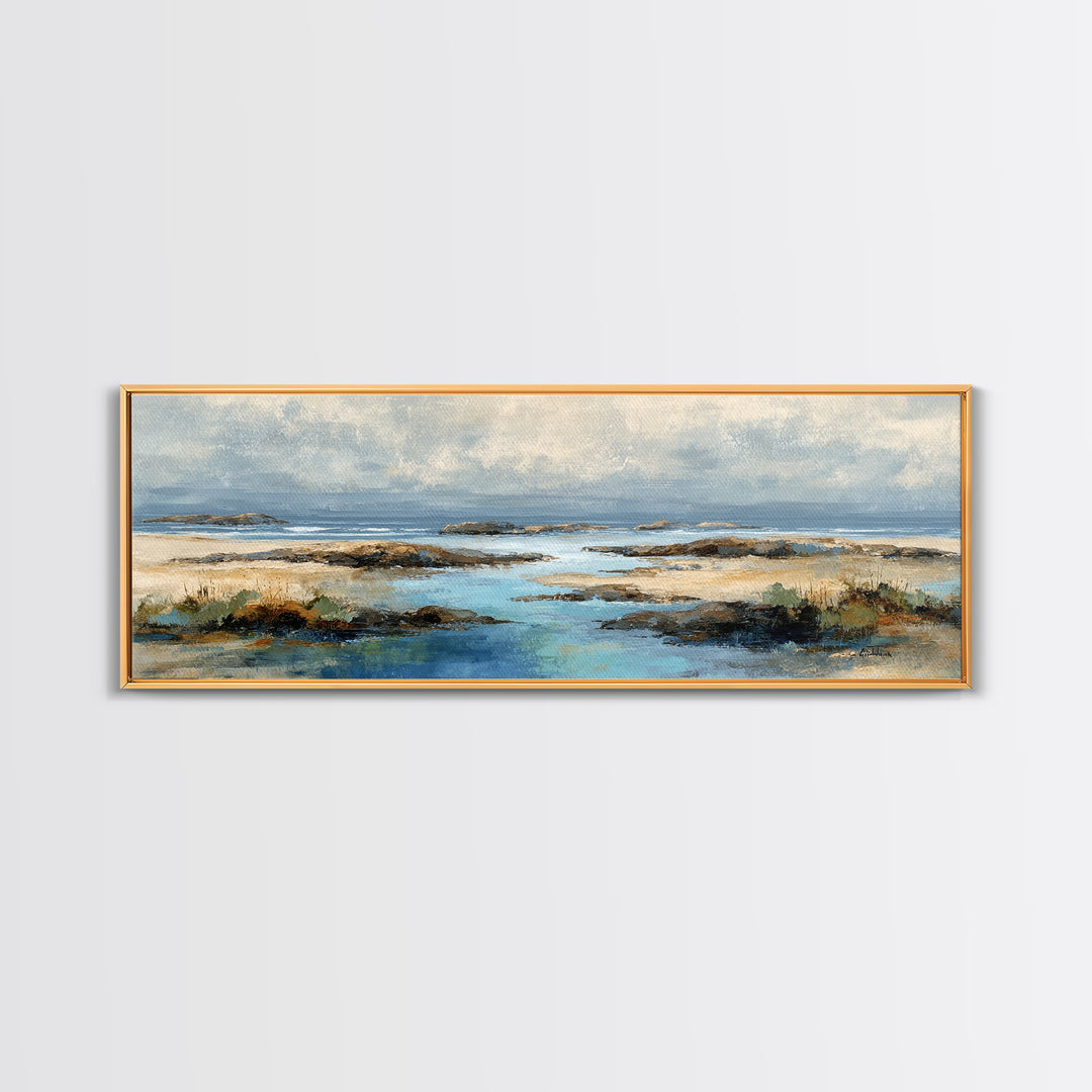 Calm Beach Tide Pooling Around Rocks Canvas Print, Nature Art, Living Room Wall Art, Living Room Decor, Fine Art, Nature, NAT-3x1-16