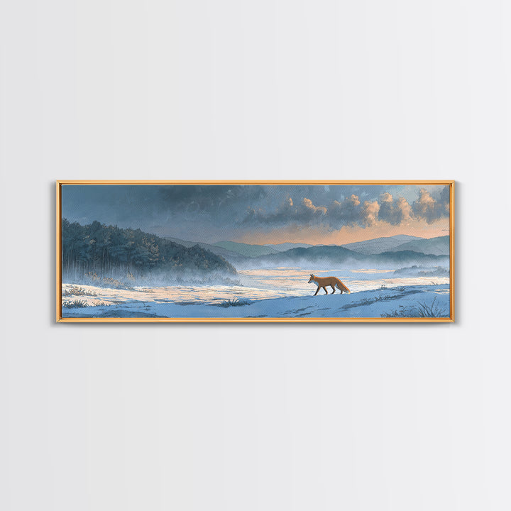 Fox Crossing a Snowy Forest Clearing Framed Canvas Print, Nature Art, Painting, Living Room Decor, Nature, Modern Wall Art, NAT-3x1-2