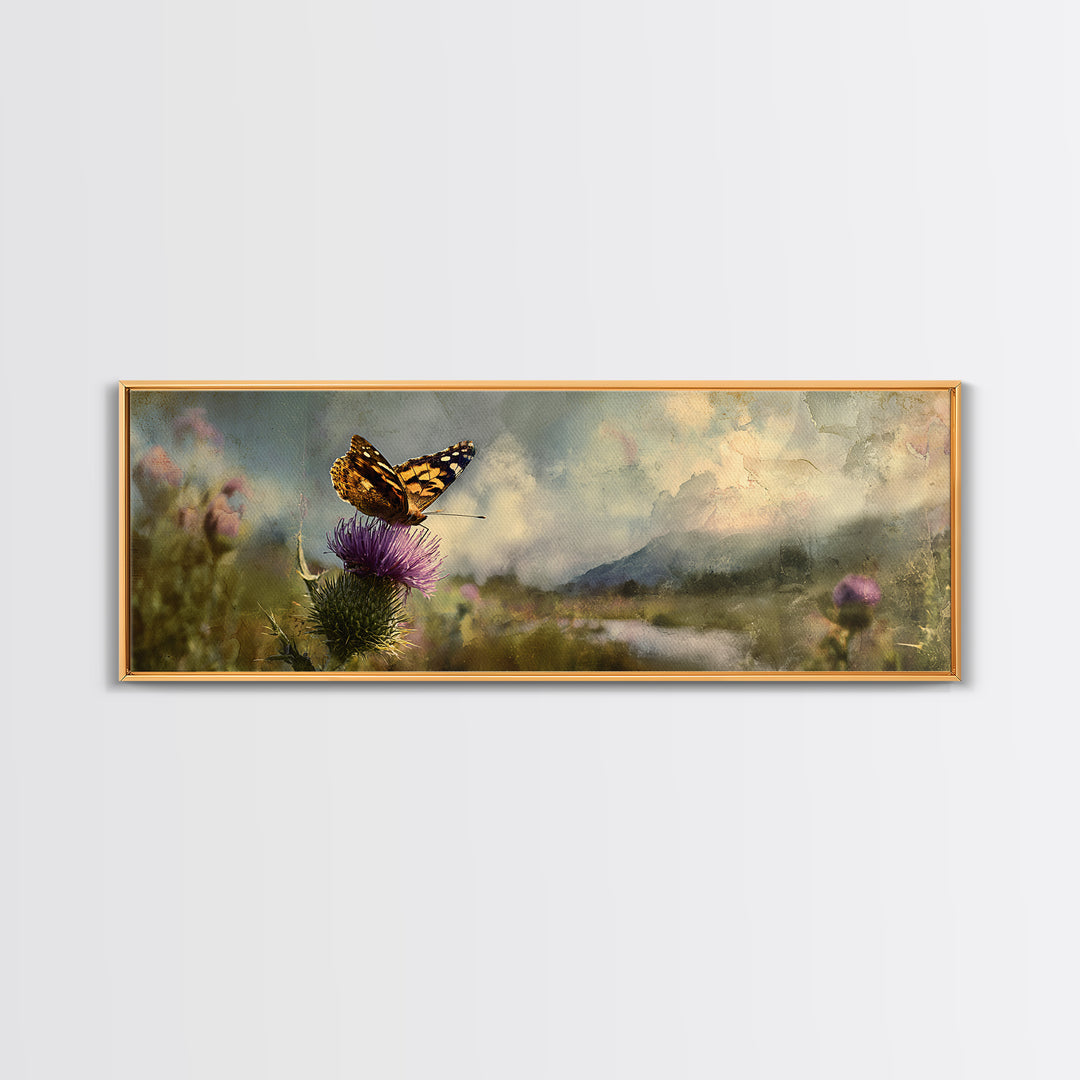 Butterfly Resting on a Blooming Thistle Canvas Print, Nature Art, Ocean Art, Living Room Decor, Fine Art, Nature, Art Print, NAT-3x1-20