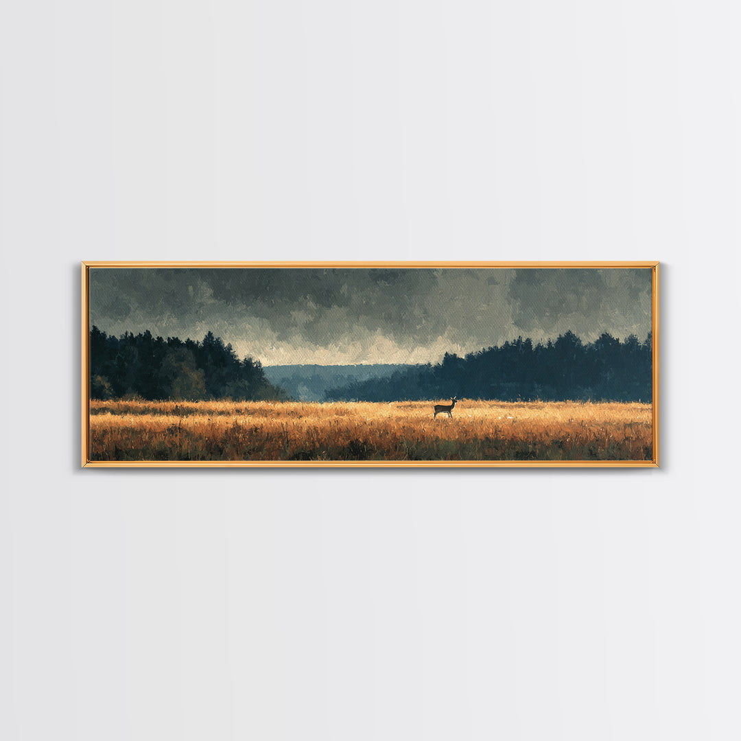 Deer Standing in a Golden Field Canvas Print, Nature Art, Bird Wall Art, Living Room Decor, Fine Art, Nature, Textured Painting, NAT-3x1-24