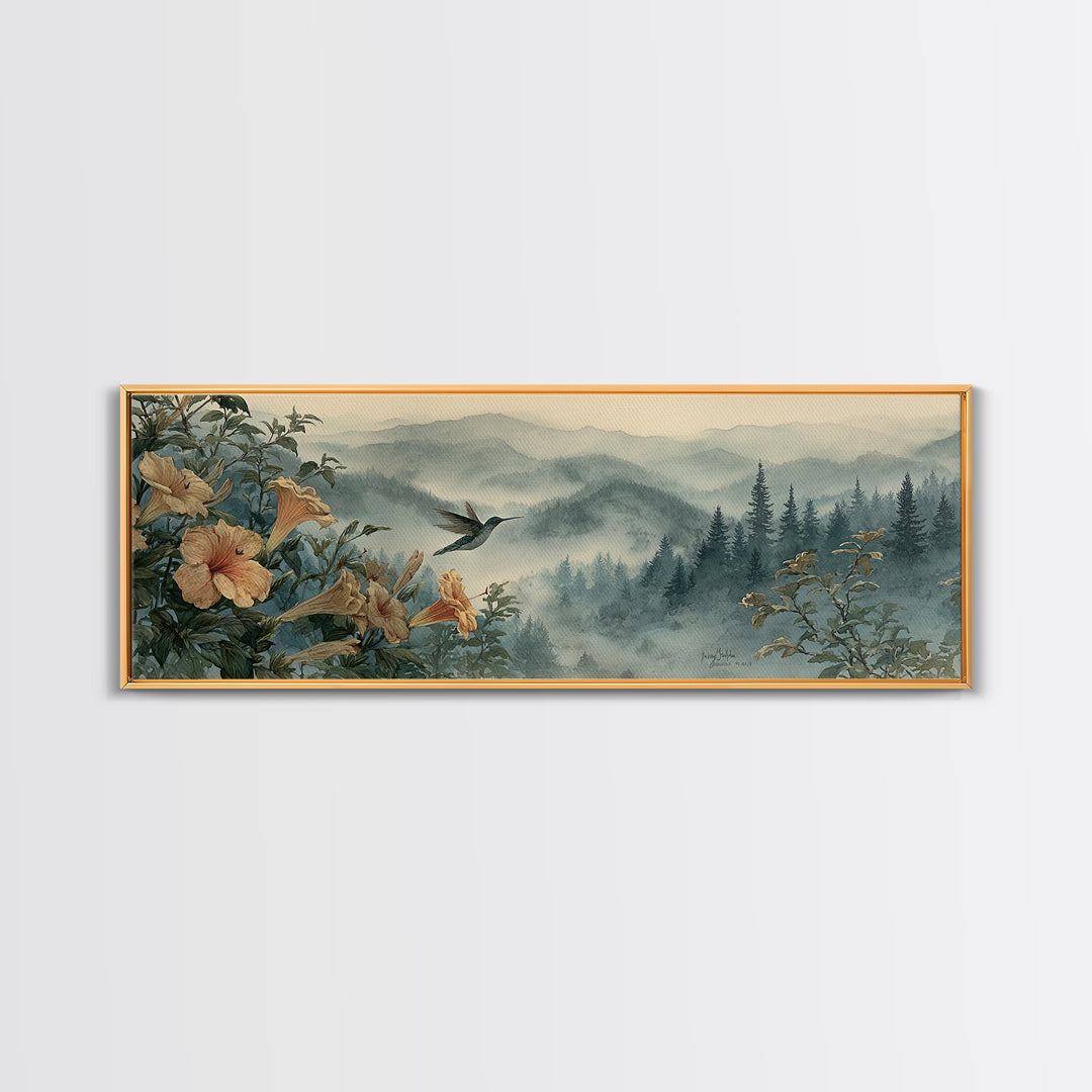 Hummingbird Beside Bright Trumpet Flowers Framed Canvas Print, Nature Art, Nature Wall Art, Living Room Decor, Watercolor Art, NAT-3x1-28