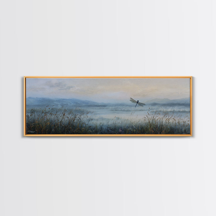 Dragonfly over a Pond with Reeds Canvas Print, Nature Art, Printable Wall Art, Living Room Decor, Abstract Art, Nature, NAT-3x1-34