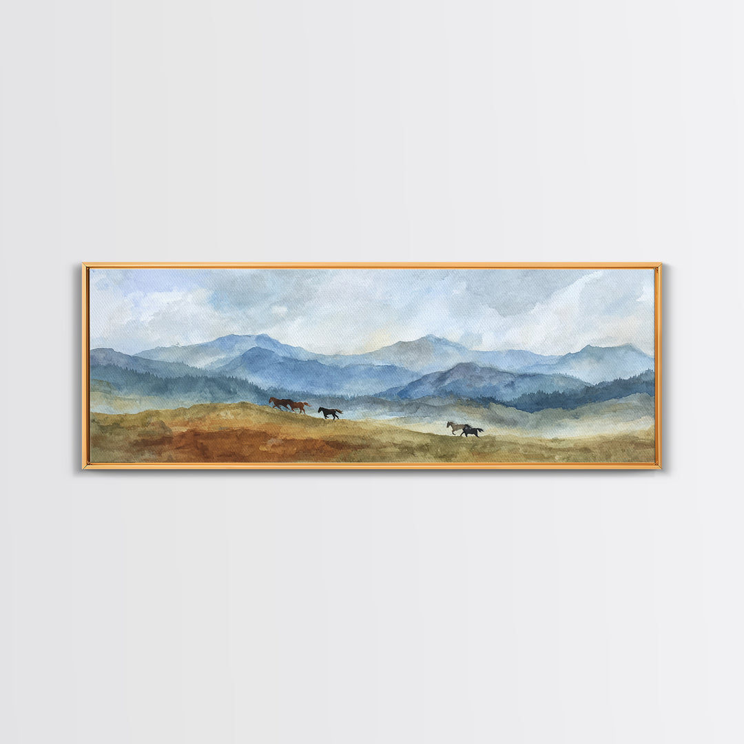 Wild Horses Running Near Mountain Ridge Canvas Print, Nature Art, Wall Hangings, Living Room Decor, Oil Painting, Nature, NAT-3x1-38