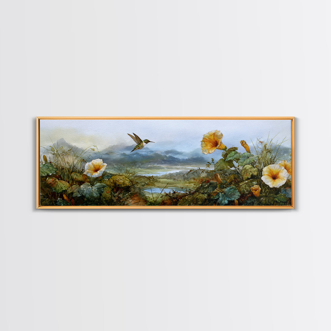 Hummingbird Beside Bright Trumpet Flowers Canvas Print, Nature Art, Moss Art, Living Room Decor, Watercolor Art, Nature, NAT-3x1-4