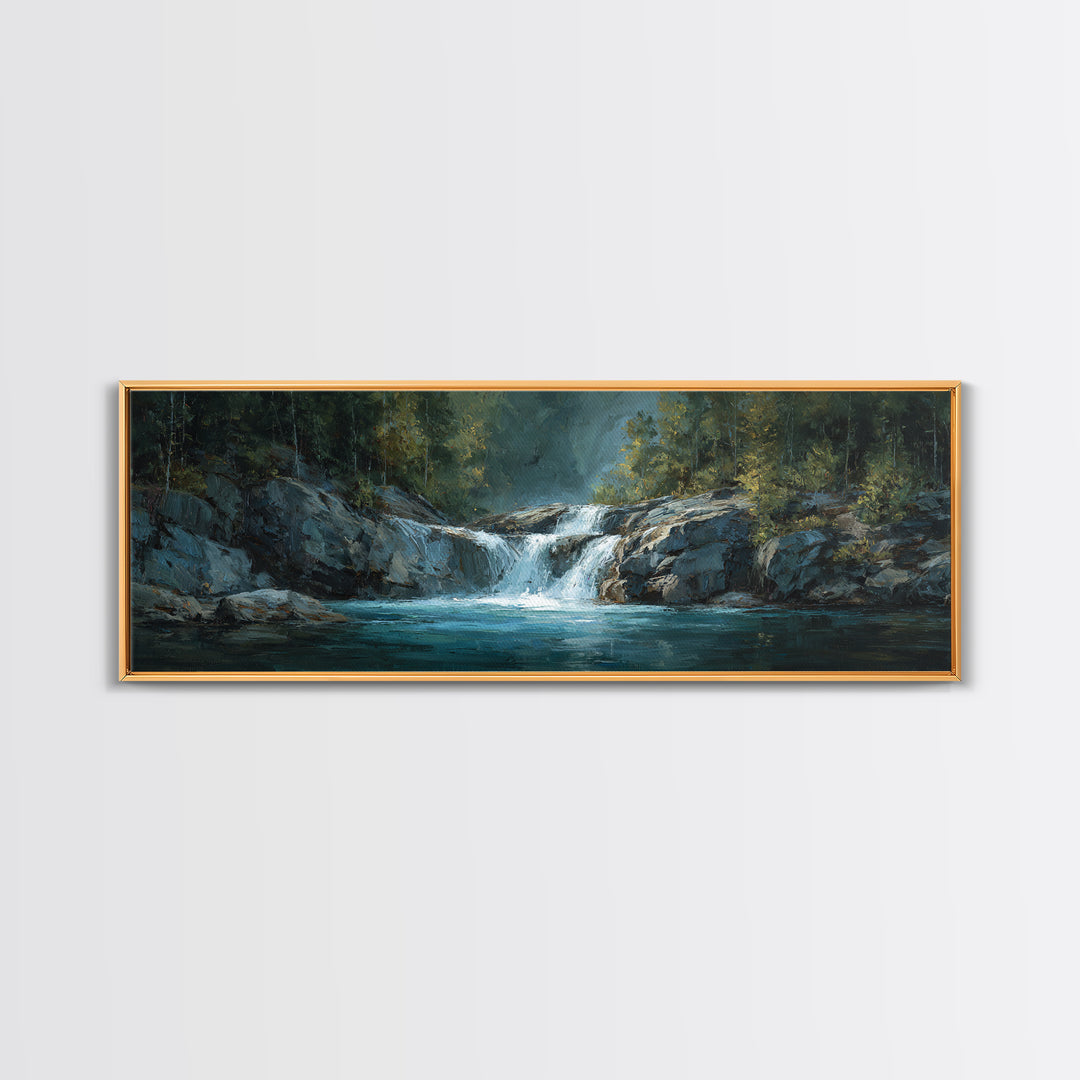 Waterfall Hidden Among Dark Green Rocks Canvas Print, Nature Art, Poster, Living Room Decor, Nature, Abstract Wall Art, NAT-3x1-43