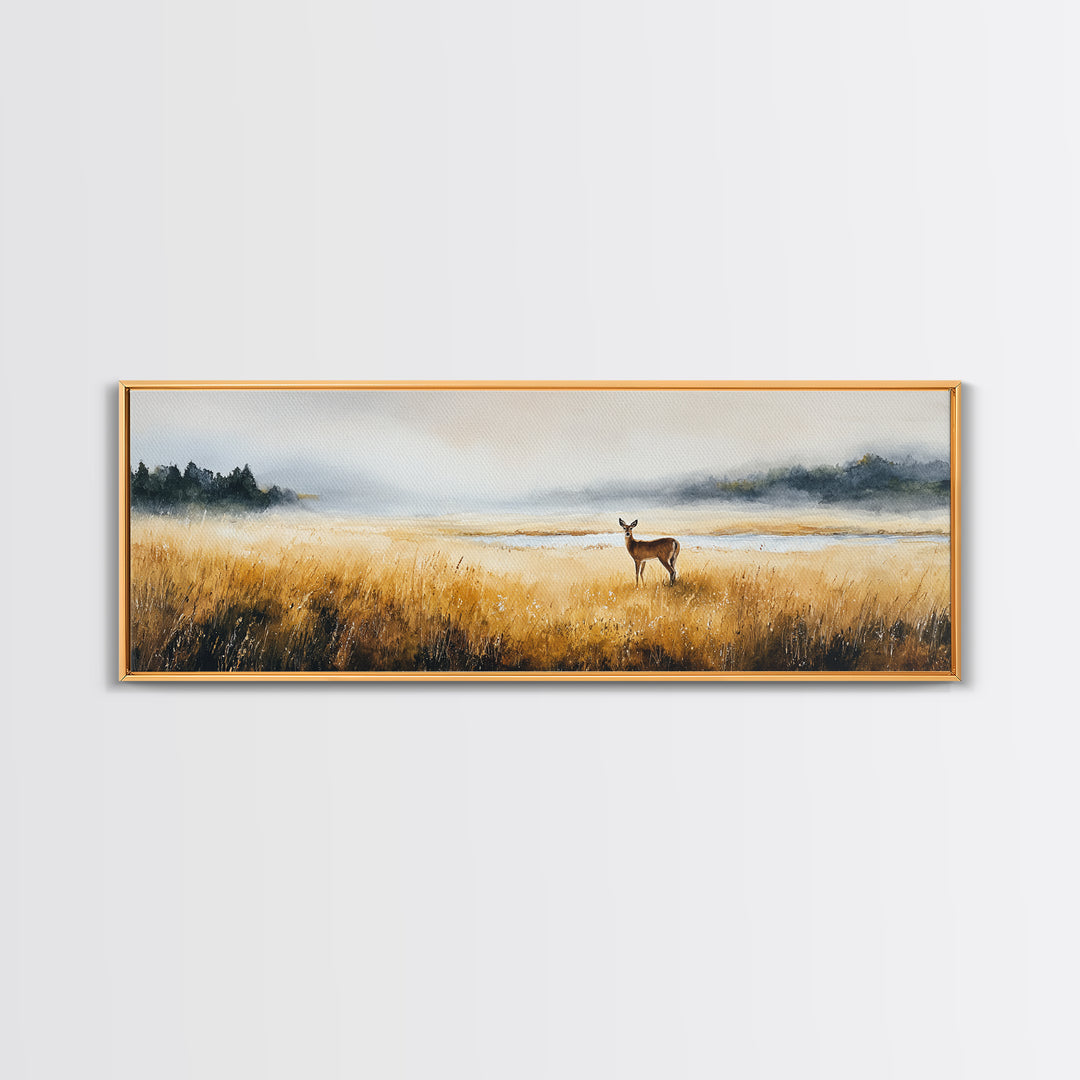Deer Standing in a Golden Field Canvas Print, Nature Art, Art Print, Living Room Decor, Fine Art, Nature, Printable Wall Art, NAT-3x1-48