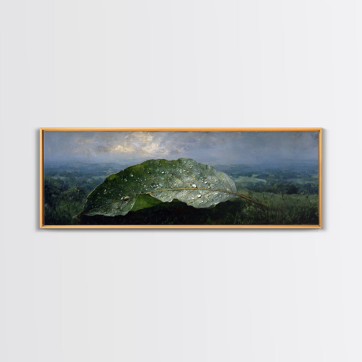 Rain Drops on a Large Green Leaf Canvas Print, Nature Art, Living Room Wall Art, Living Room Decor, Fine Art, Nature, NAT-3x1-49
