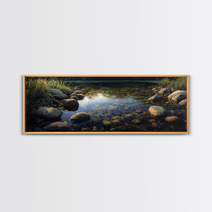 River Stones under Clear Shallow Water Framed Canvas Print, Nature Art, Living Room Decor, Watercolor Art, Nature, NAT-3x1-5