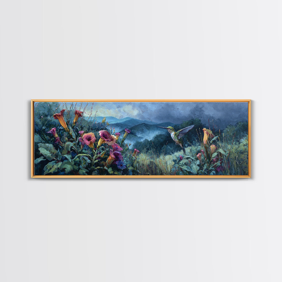Hummingbird Beside Bright Trumpet Flowers Framed Canvas Print, Nature Art, Room Decor, Living Room Decor, Fine Art, Nature, NAT-3x1-52