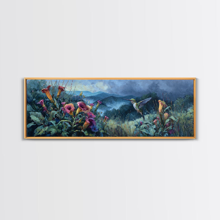 Hummingbird Beside Bright Trumpet Flowers Framed Canvas Print, Nature Art, Room Decor, Living Room Decor, Fine Art, Nature, NAT-3x1-52